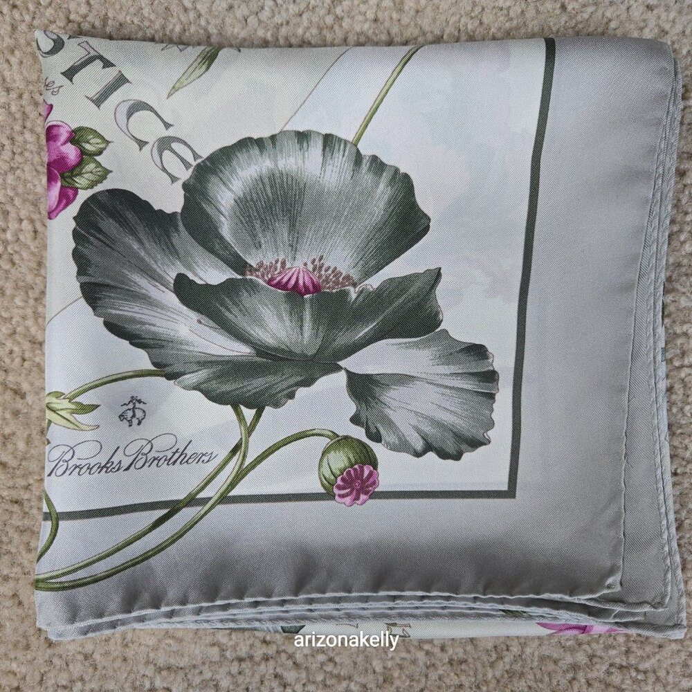 Brooks Brothers Silk Scarf Four Seasons of Flowers Purple Grey - Picture 16 of 16